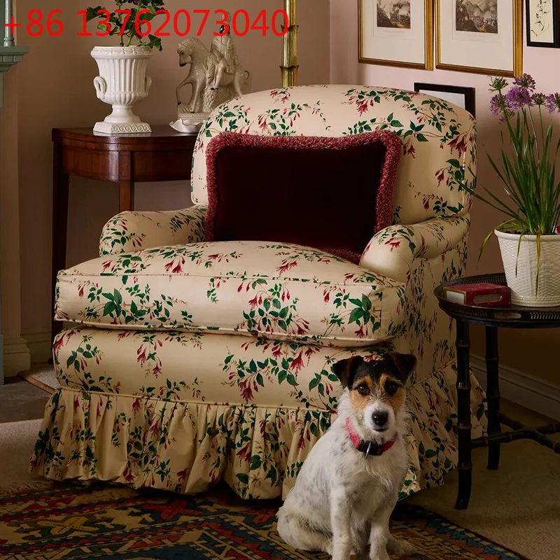 French Vintage Solid Wood Single Chair Living Room Printed Single Sofa American Home