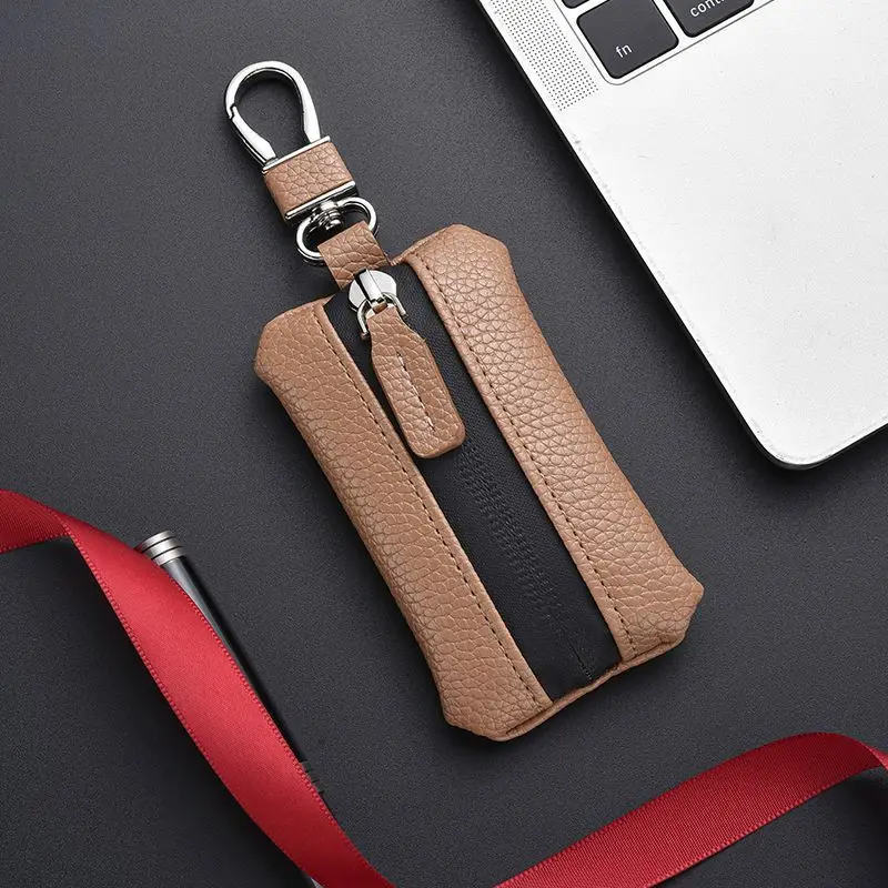 Car Keychain Black Business Car Zipper Fashion Genuine Leather Unisex Universal Key Case Protector，Genuine Leather Small Key Wal