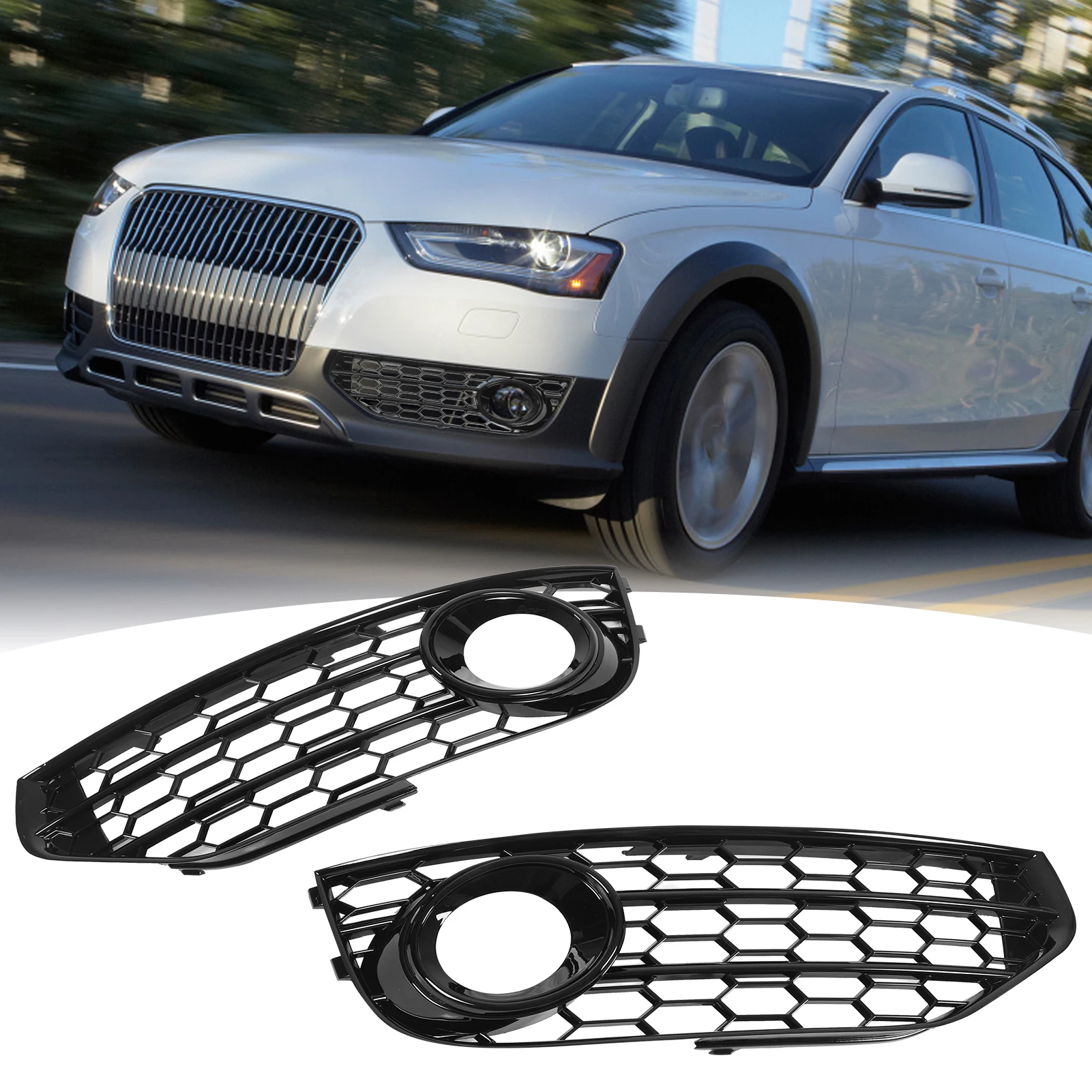 1 Pair Front Fog Light Grille 8K0807681J01C Glossy Black Fog Lamp Cover Trim Replacement For A4 B8 B8.5 ALLROAD 2009‑2016