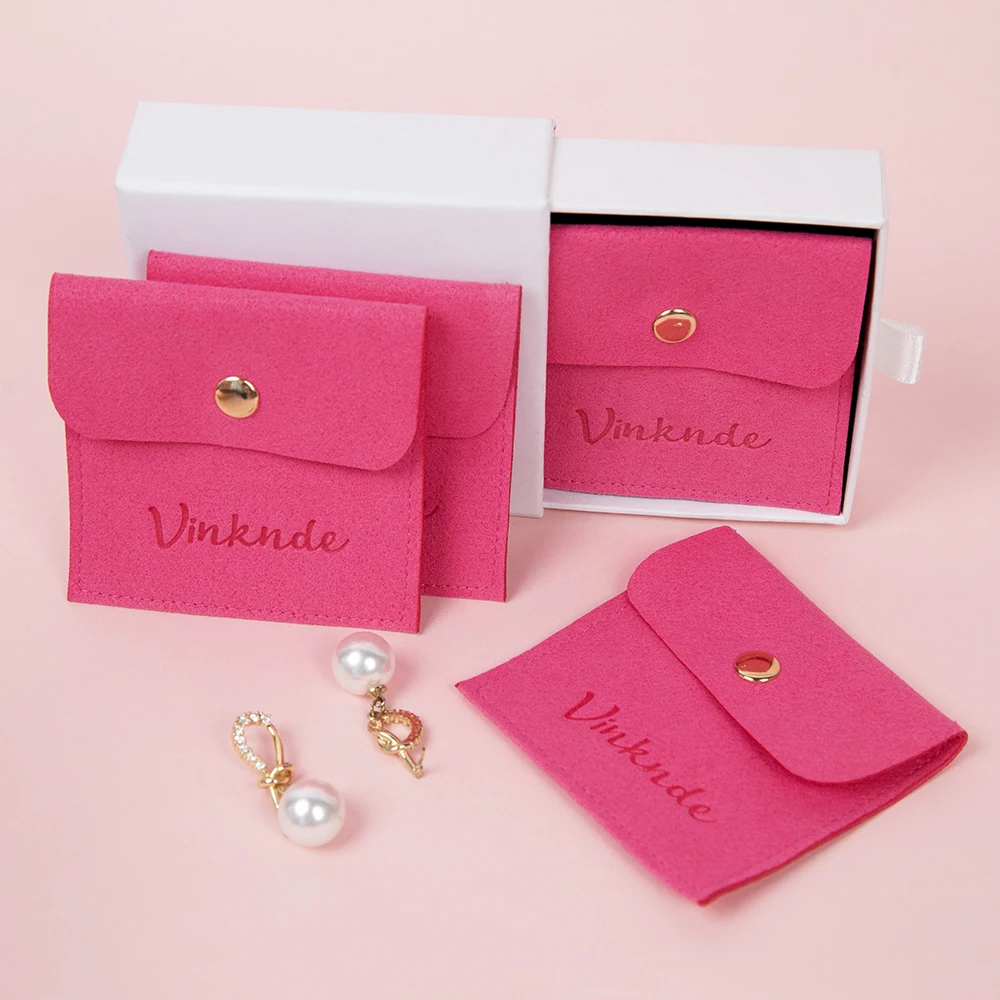 

100pcs Personalized Logo 10x10cm Rose Red Microfiber Jewelry Snap Bag Velvet Gift Packaging Storage Pouch Wedding Favors Pocket