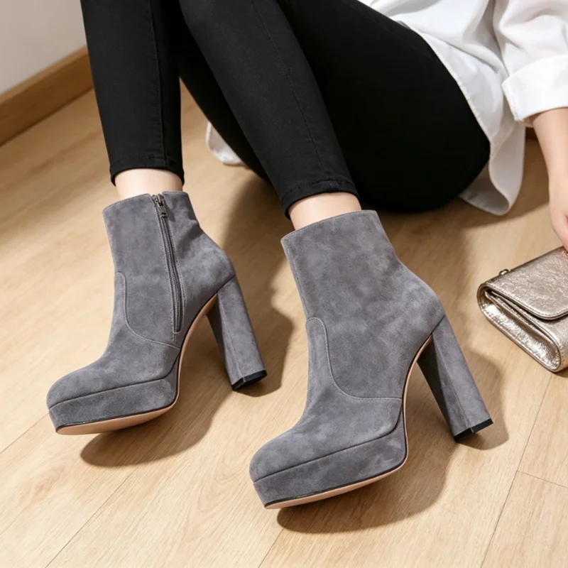 

Khaki Suede High Platform Ankle Boots Stretch Fabric Round Toe Side Zipper Short Booties