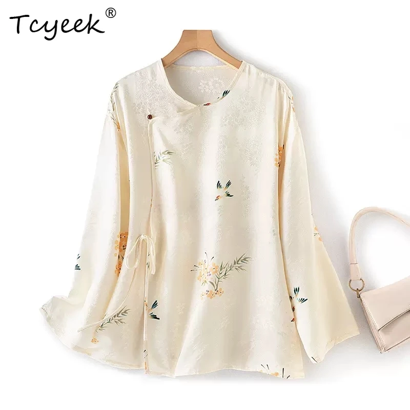 

Tcyeek, 100%Real Silk Elegant Shirt, Women Long Sleeve O Neck Jacquard, Retro Commute Chinese Blouse, 2024 Summer T44964QC