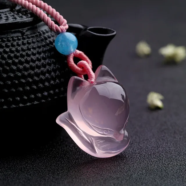 1PC naturalny różowy chalcedon agat Fox naszyjnik moda urok biżuteria rzeźbione Amulet prezenty dla kobiet mężczyzn łańcuch sweter