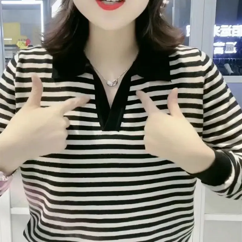 Spring Autumn New Polo Large Women's Long Sleeve Tops Fashion Stripes Letter Casual Tee Shirt Turn-down Collar Female Clothing