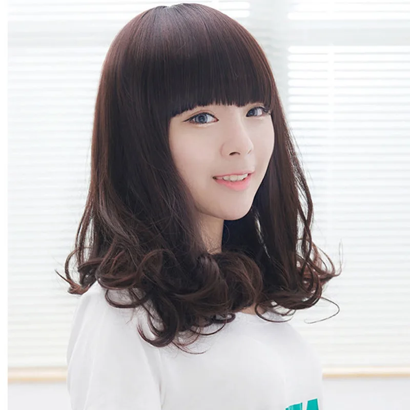 Synthetic European and American wigs for women, medium  long length, peony hair style, straight bangs, headband, long curly hair