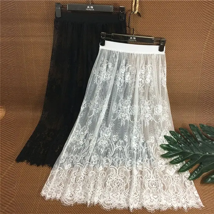 Black Mesh Lace Hollow out Semi-Body Skirt Midi Length Inner Wear Outerwear Versatile mid Waist A-Line Chinese Style Nylon Fa...