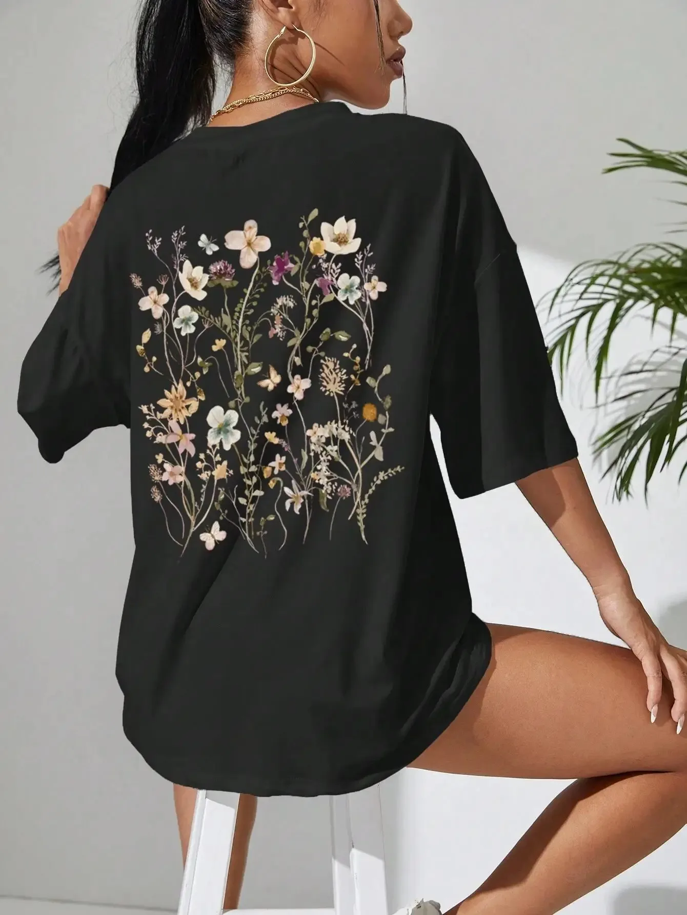 Piękny kwiat klastra nadruk bawełniany damski T-shirt Plus Size Casual oddychająca miękka Top z krótkim rękawem wygodny odzież uliczna