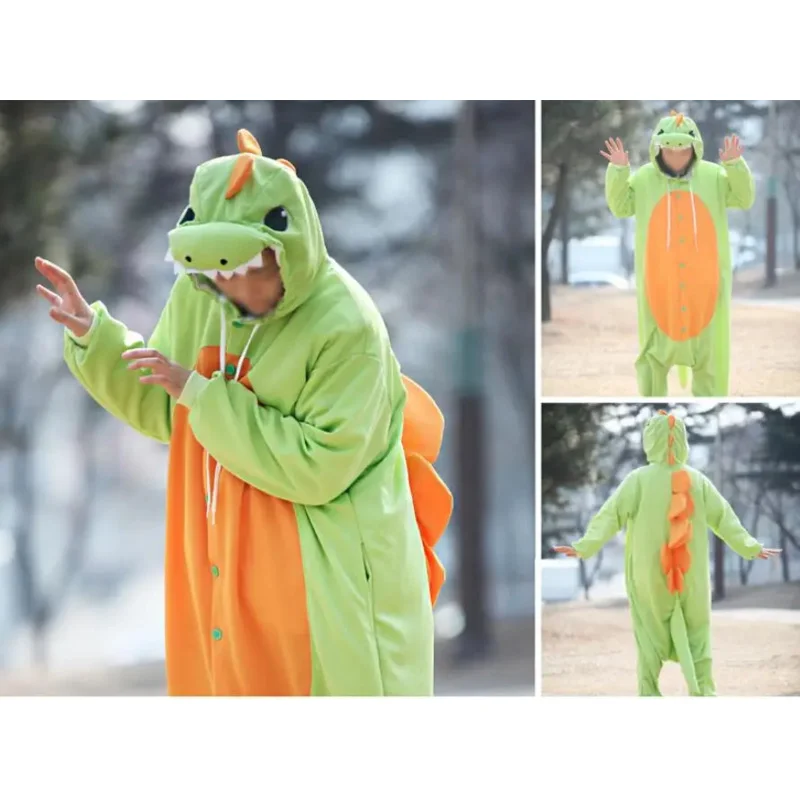 大人のためのonesieアニマルパジャマ、青と黄色のドラゴン恐竜、コスプレコスチューム