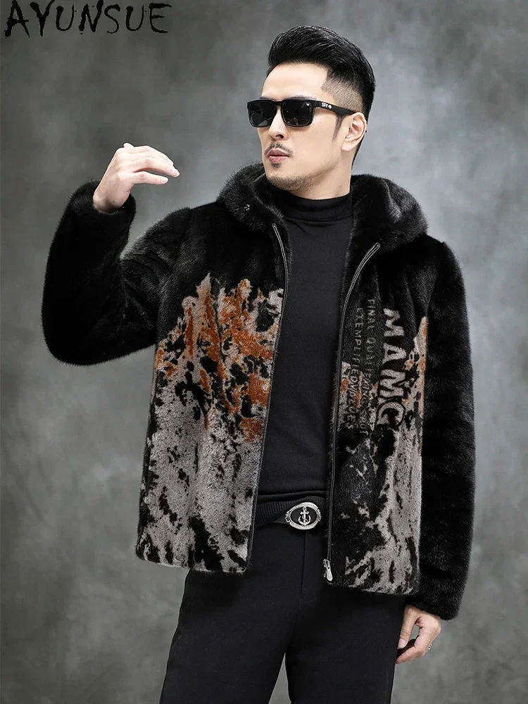 AYUNSUE Mens Fur Coat Men Winter Jackets 2025 Real Mink Fur Coats Casual Warm Fur Jacket Hooded Clothes 3D Printing High-end SGG