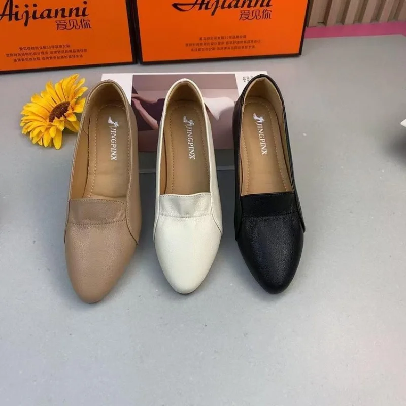Spitze Zehen-Loafer für Damen, Frühling, neue, vielseitige Lederschuhe im französischen Stil mit flachem Mund, weiche Sohle, weiches Leder, Mutterschuhe