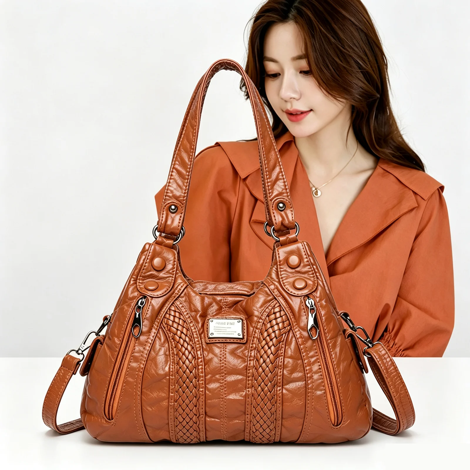 Vintage Hobo Women Shoulder Bag Soft Washable Leather Braided Multi Pockets Large Crossbody Handbag For Daily Travel