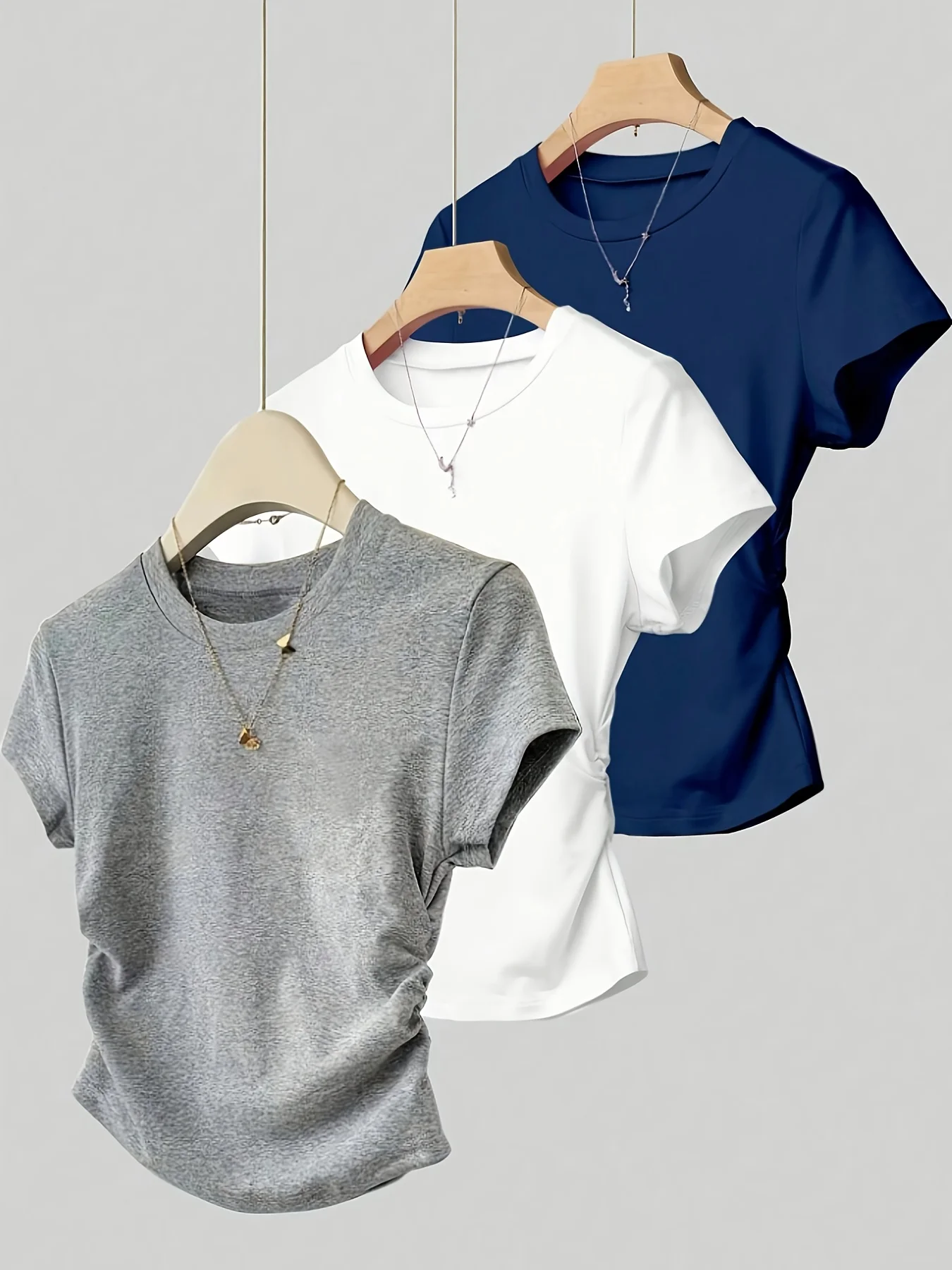 3-Piece Women's Casual T-Shirt Soft Garden Collar Side Pleated Waist Short Sleeve Top
