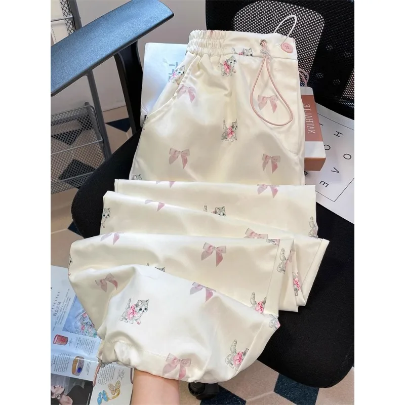 Doce bonito kawaii gato laço impressão calças para mulher y2k streetwear all-match mulher calças coreano casual novas calças femininas