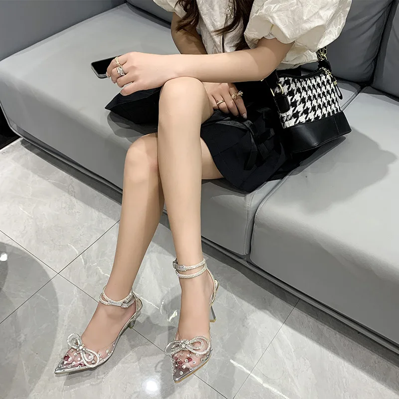 Summer Pointed Crystal Fairy Ladies Wind Sandals Rhinestone Butterfly-knot Transparent High Heel Women Sandals Fashion Shoes