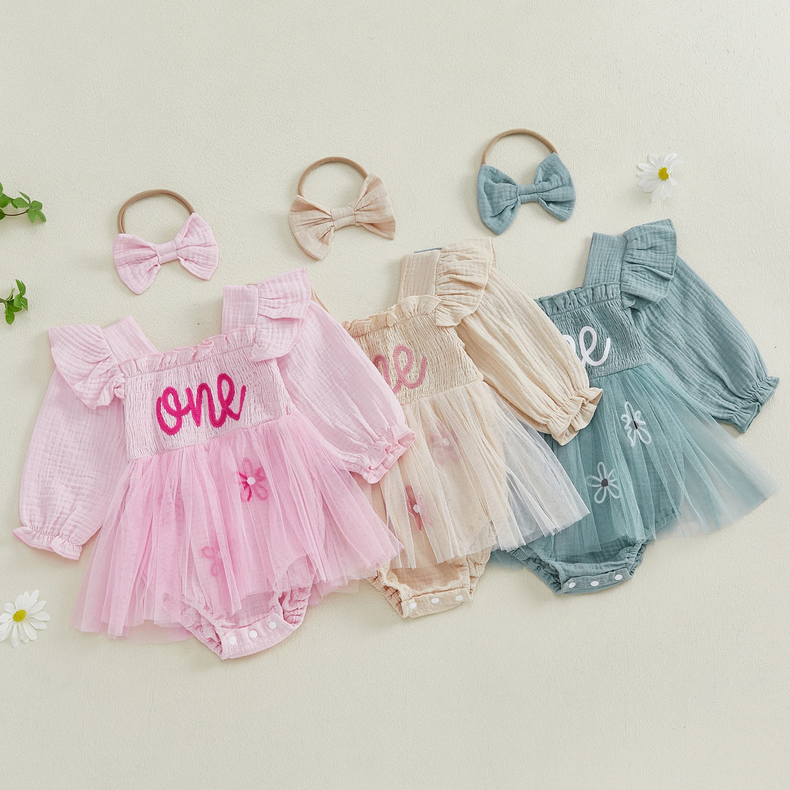 MISOWMNJOY Ruffle Long Sleeve Baby Girls Romper Dress Mesh Flower Letter Newborn Smocked Jumpsuits Headband Party Clothes