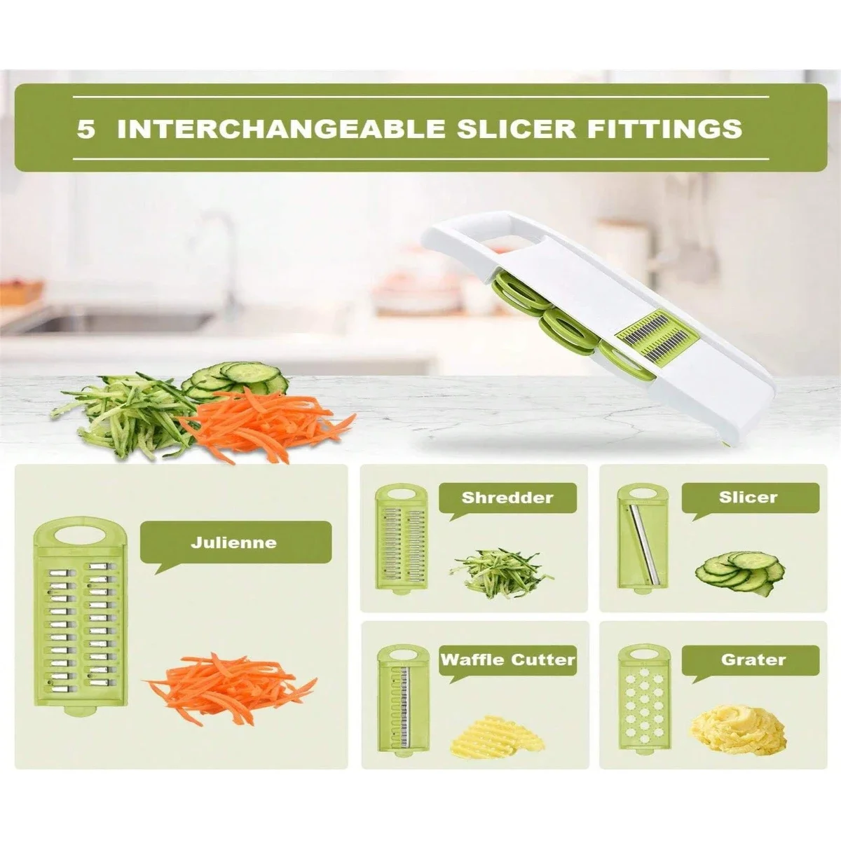 1set 5 In 1 Mandoline Multi Blade Potato Veggie Cutter Julienne Shredder Green Vegetable Slicer