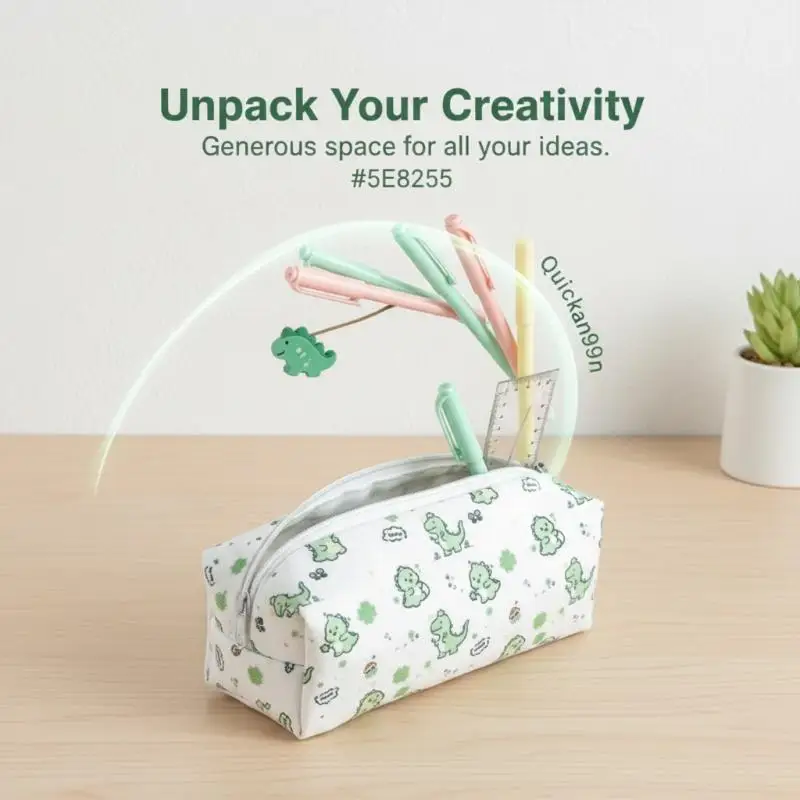 Dinosaur Pattern Large Capacity Pencil Case Metal Zipper Cute Rectangular Pencil Pouch