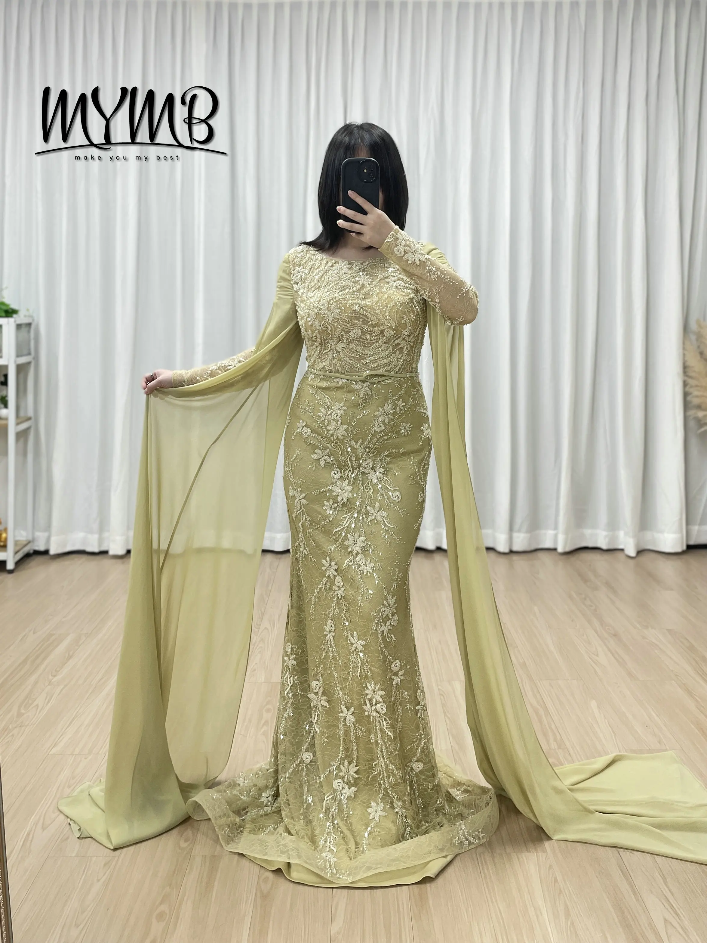 

MYMB Yellow Scoop Neck Long Sleeves Mermaid Beaded Evening Dresses Mother of the Bride 2026 Elegant Party Gown for Women MY30192