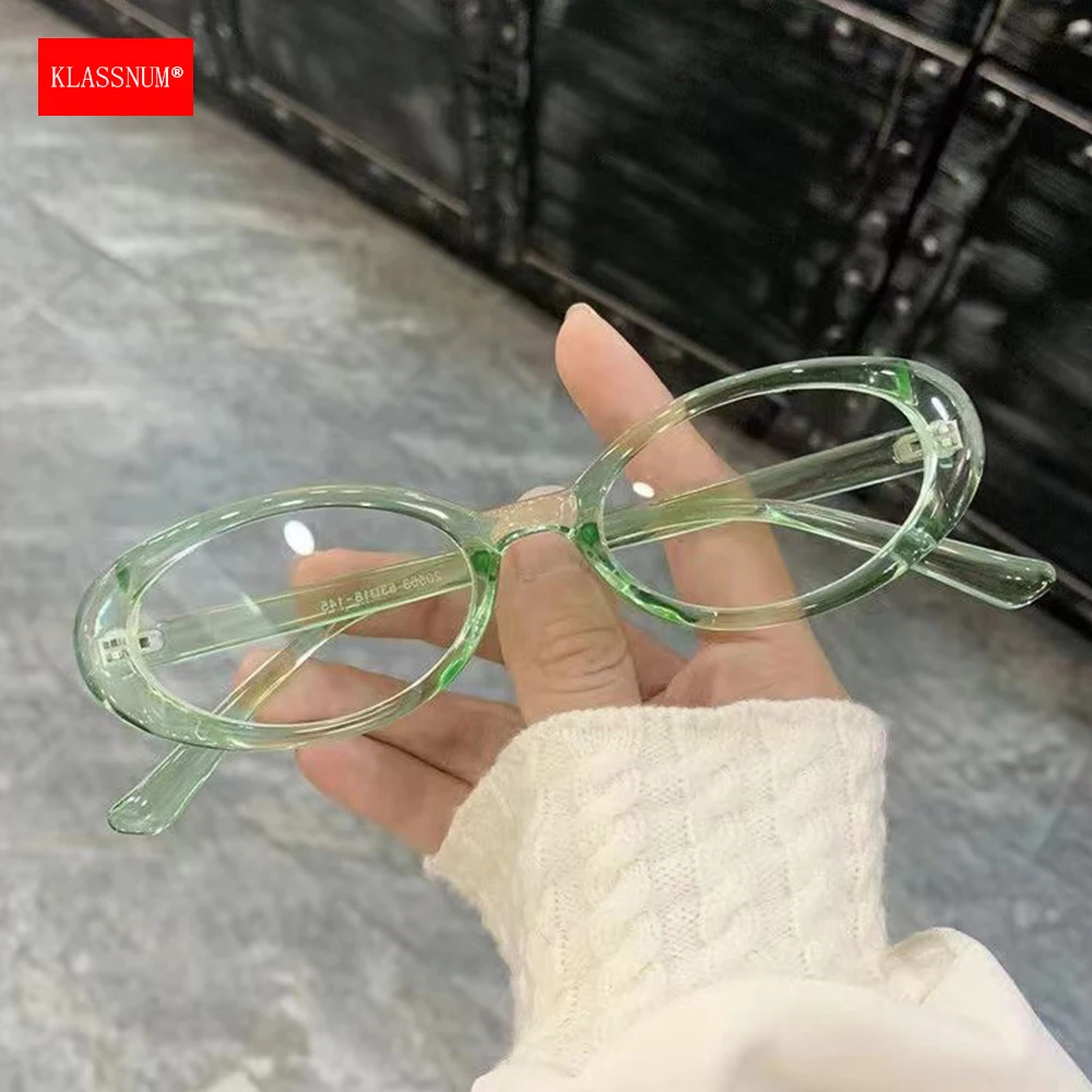 KLASSNUM Vintage Small Oval Blue Y2K Transparent  Glasses Anti Blue Light Eyepiece for Women Mint Full Rim Decorative Eyewear