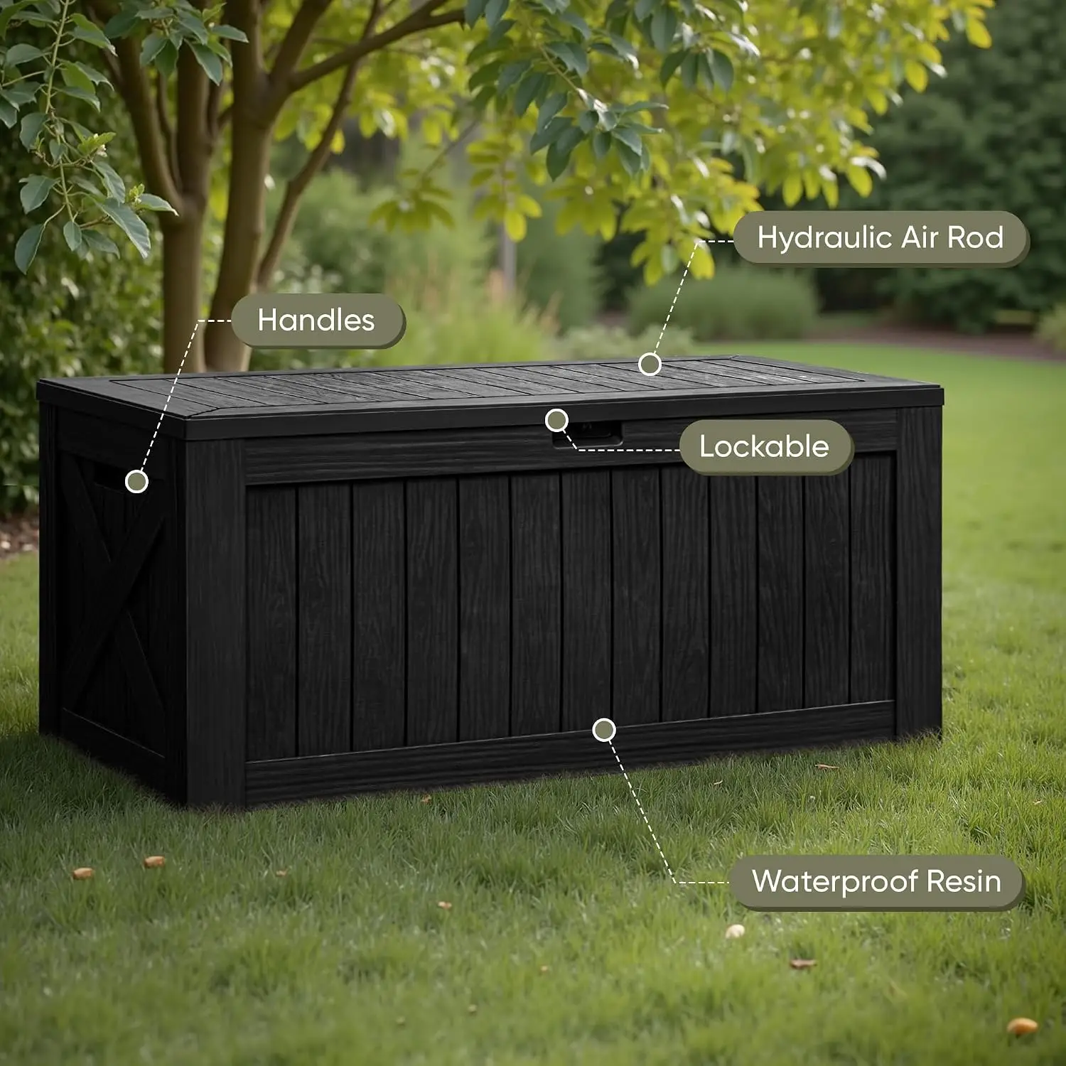Large Outdoor Storage Box Waterproof Resin Deck Container, Patio Cushion Organizer Chest For Yard And Pool, Heavy Duty Seating Bench Holder, Imitation Wood Style, Single Piece