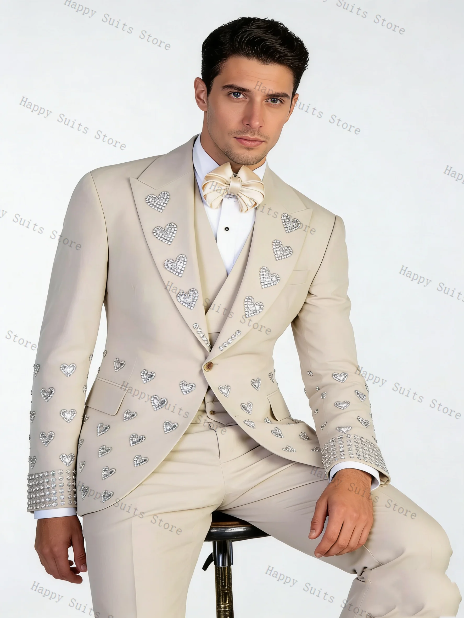 

Beige Crystals Men Suit Set 2 Pcs Groom Blazer+Pants Trousers Luxury Formal Office Coat Wedding Tuxedo Customized Jacket Outfit
