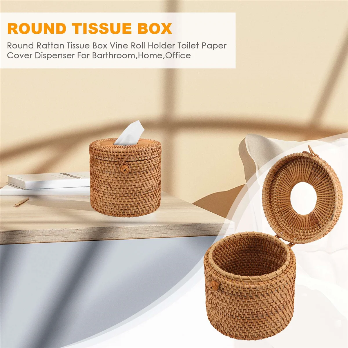 Round Rattan Tissue Box Vine Roll Holder Toilet Paper Cover Dispenser For Barthroom,Home,Hotel And Office