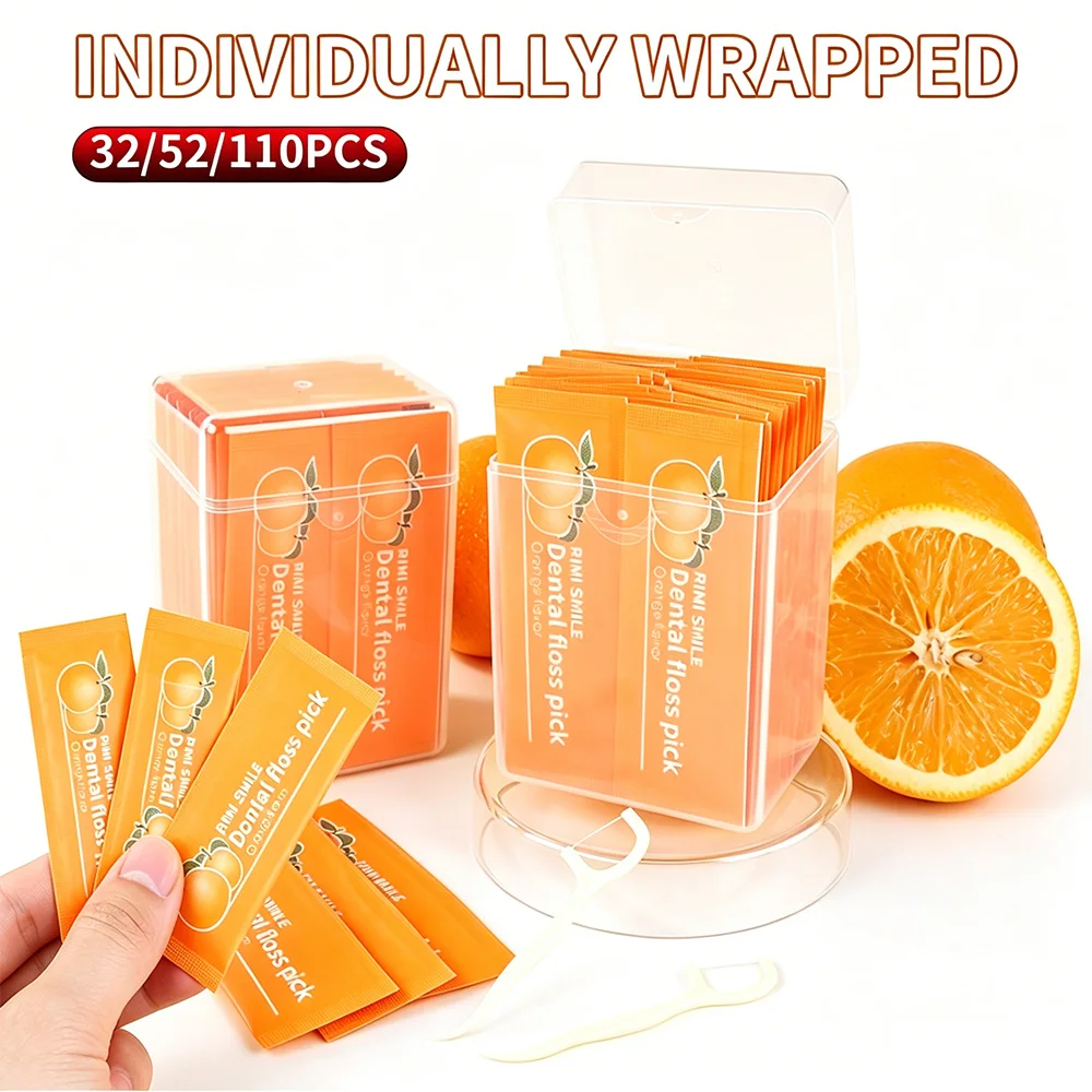 Individually Packed Orange Floss Sticks Multi Sizes 32/52/110 Count, Portable Teeth Cleaning Tool Household & Commercial Oral Hy