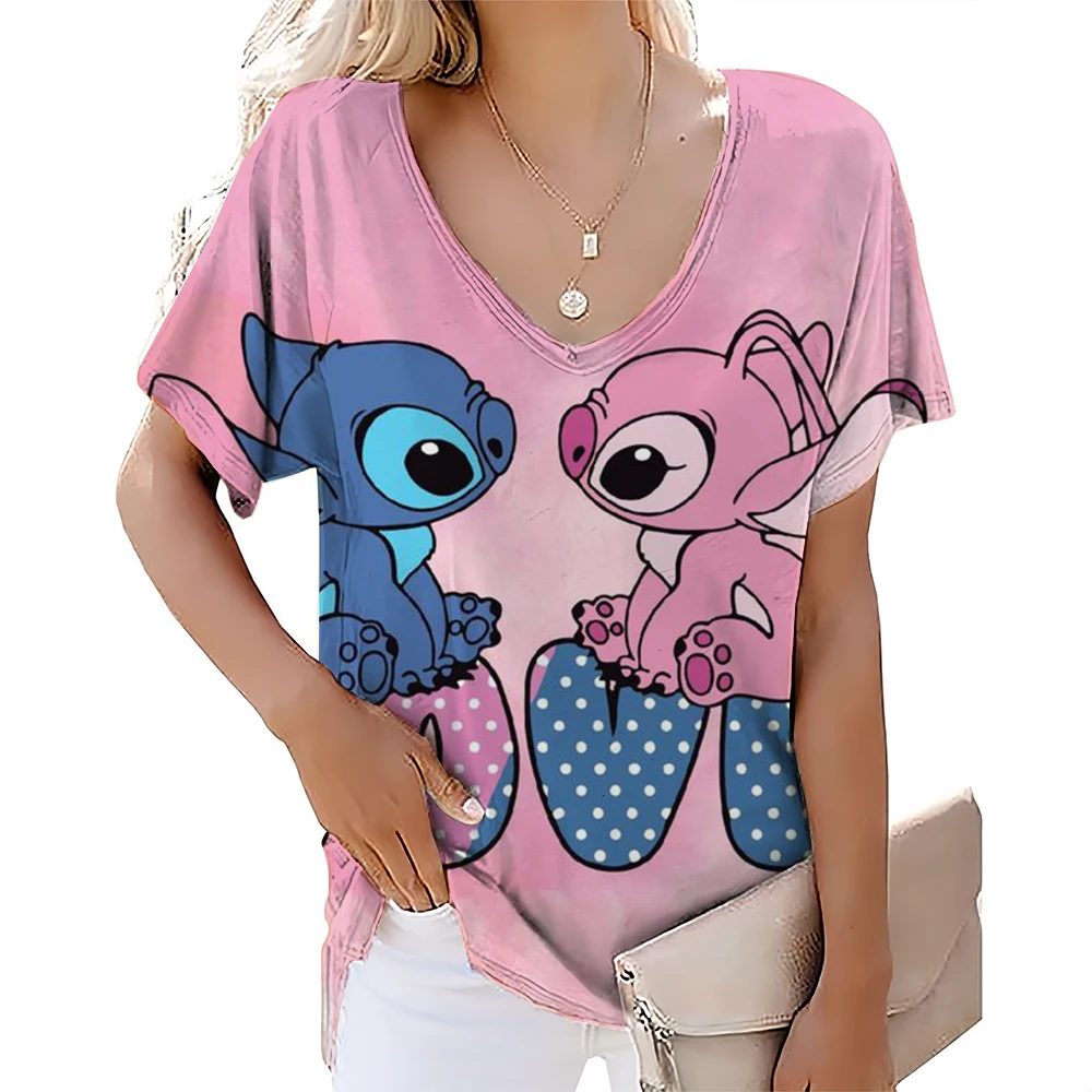 Women's T-shirt Disney Stitch pattern printed T-shirt summer V-neck short sleeved T-shirt large women's Harajuku street clothing