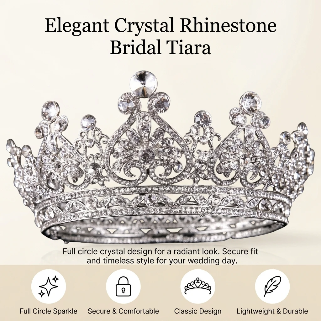 Sparkling Rhinestone Bridal Tiaras Full Round European Style Wedding Crown for Brides Ceremony Party Photoshoot Hair Jewelry view 3