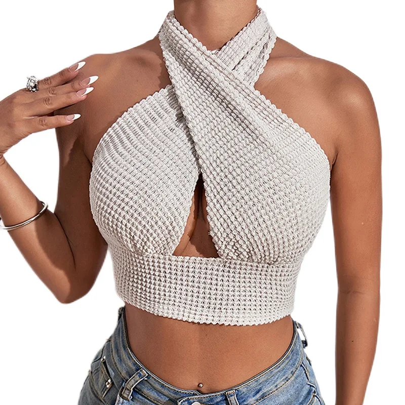 

Sexy Tank Top Off Shoulder Cross Bandage Knit Halter Crop Tops Women Sleeveless Girdling Cropped Vest Camisole Tube Top Female