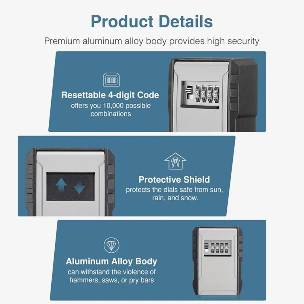 

Alloy Key Lock Box Resettable 4 Digit Wall Mount Key Safe Box Anti-Theft Lock Password Protected Security Storage Lock Box