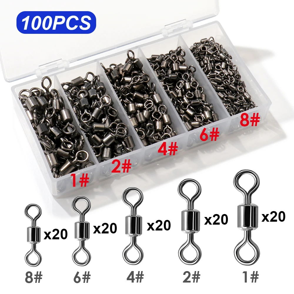 100 Stuks Rvs Lager Rolling Connector Draaien Vat Swivel Tackle Box Lokken Lijn Tool Set Vissen Accessoires
