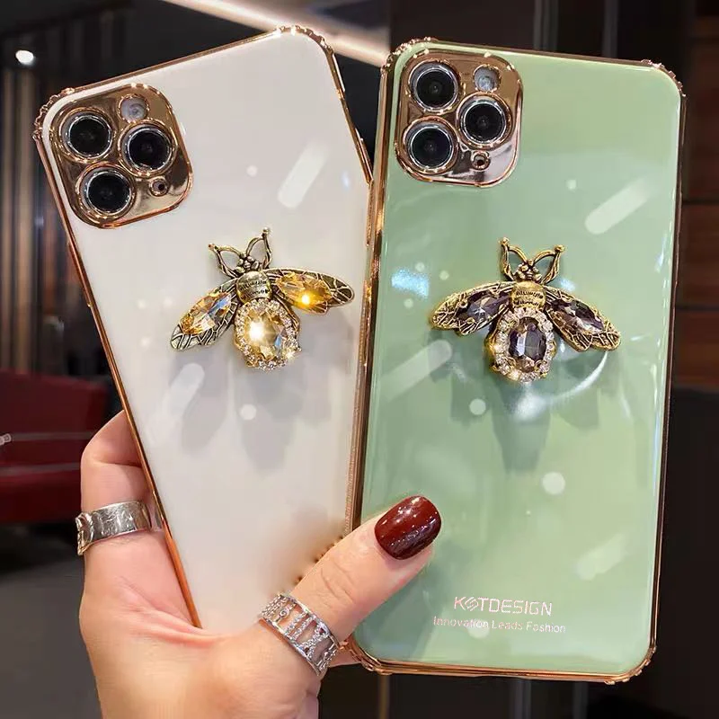 Luxury Glitter Rhinestone Bee Phone Case For iPhone 11 12 13 14 15 Pro Max X XS XR 7 8 Plus SE 2022 Plating Silicone Bling Cover