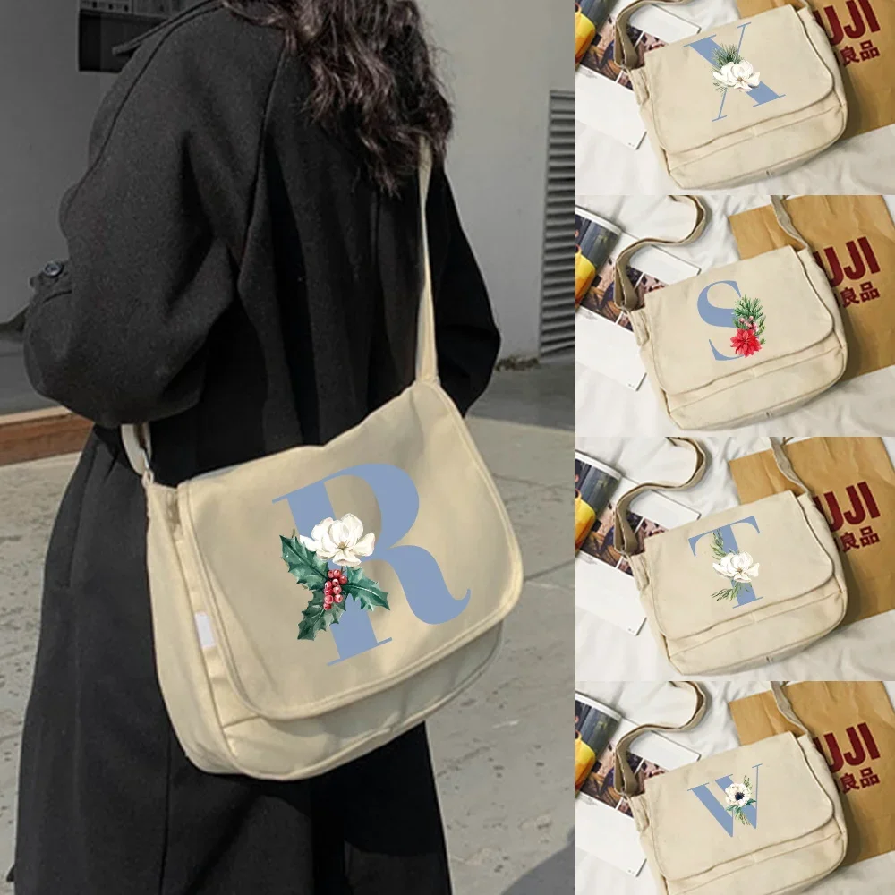 

Women‘s 2026 Simple Messenger Bag Casual Handbags Shoulder Bag Pouch Girls Blue Letter Printed Canvas Cross School Bags Purses