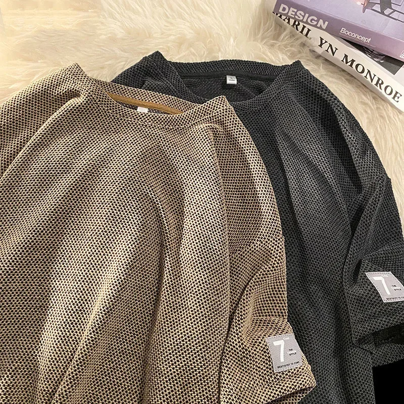 Youth Men's Round Neck Short Sleeved T-shirt Summer Trendy Loose Casual Coffee Heavyweight Top Tees Oversize Honeycomb Knitting image 5