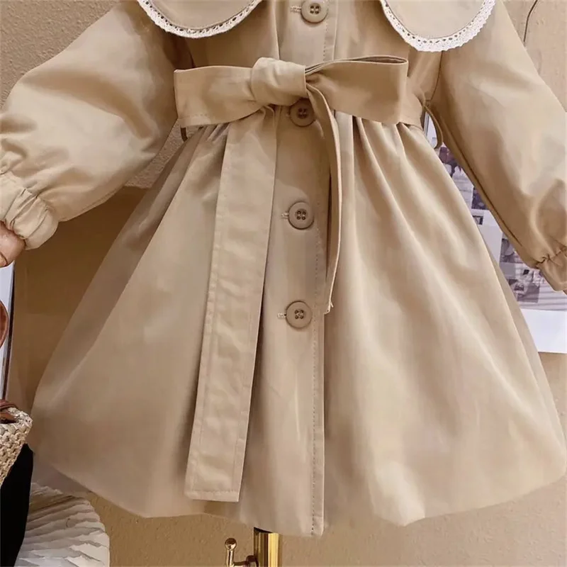 Girls Khaki Fashion Jackets Kids Cute Long Trench Coats Children Windbreaker Turndown Collar Outerwear Infant Casual Clothing