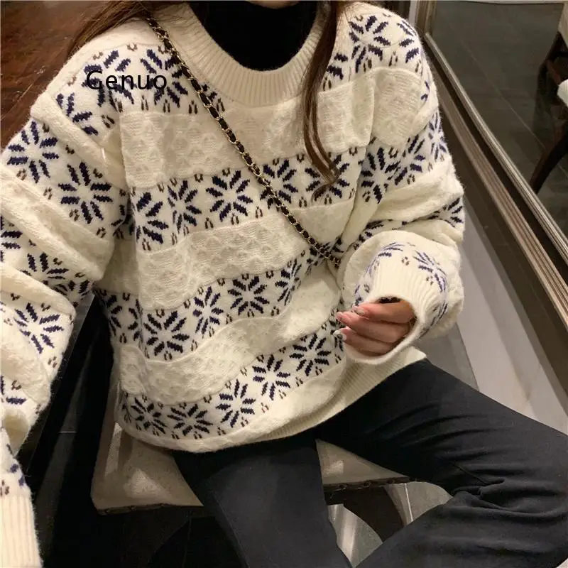 

Women Sweater Autumn Winter New Korean Chic Retro Wild O-neck Long-sleeved Pullover Snowflake Loose Sweater Female