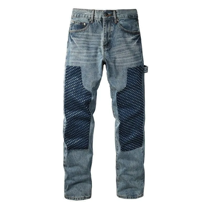 Men Streetwear Vintage Blue Wash Jeans Knee Mesh Patch Rivet Decor Straight Work Denim Pants