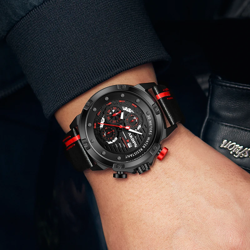 Montres pour hommes, montre à quartz de luxe, chronographe, bracelet en cuir, montres de sport, montres étanches, montre pour homme avec boîte