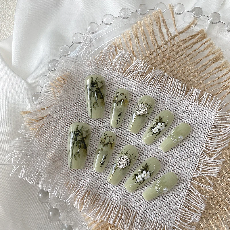 10 أظافر مصنوعة يدويًا على شكل نعش، أظافر صناعية جميلة، أظافر خضراء لانسية على الطراز الصيني، مناسبة للاستخدام للنساء