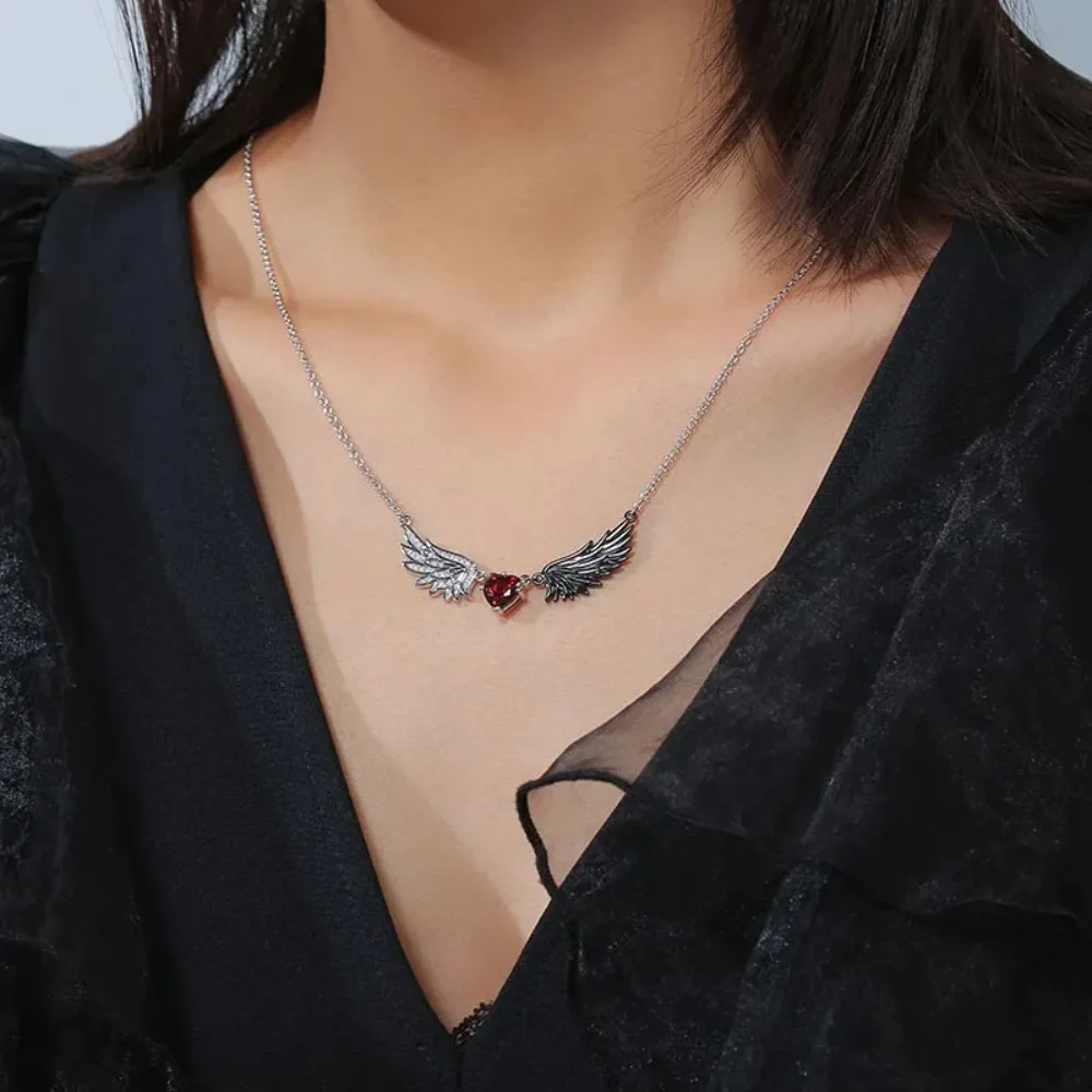 Gothic Punk Angel & Devil Wings Love Heart Necklace for Women, Alloy Drop Pendant with Red Gemstone, Trendy Dark‑Style Neck Jewelry, Daily Party Wear Accessory Gift for Her
