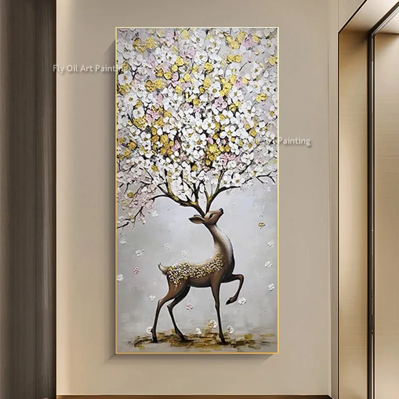 Handmade Brown Sika Deer White Flowers Head Oil Painting On Canvas Gloden Yellow Deer Under The Tree Landscape Wall Art Decor
