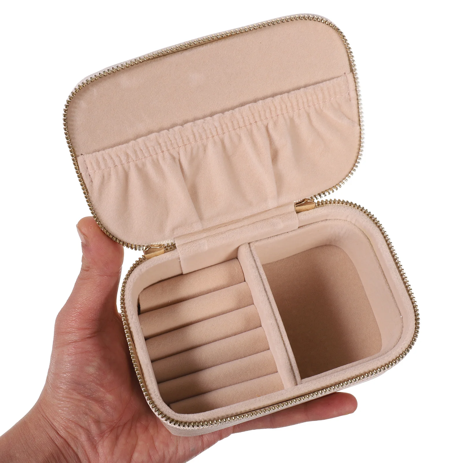 Travel Jewelry Organizer Beige PU Portable Jewelry Box Storage Case Zipper Closure Rings Earrings Necklace Holder