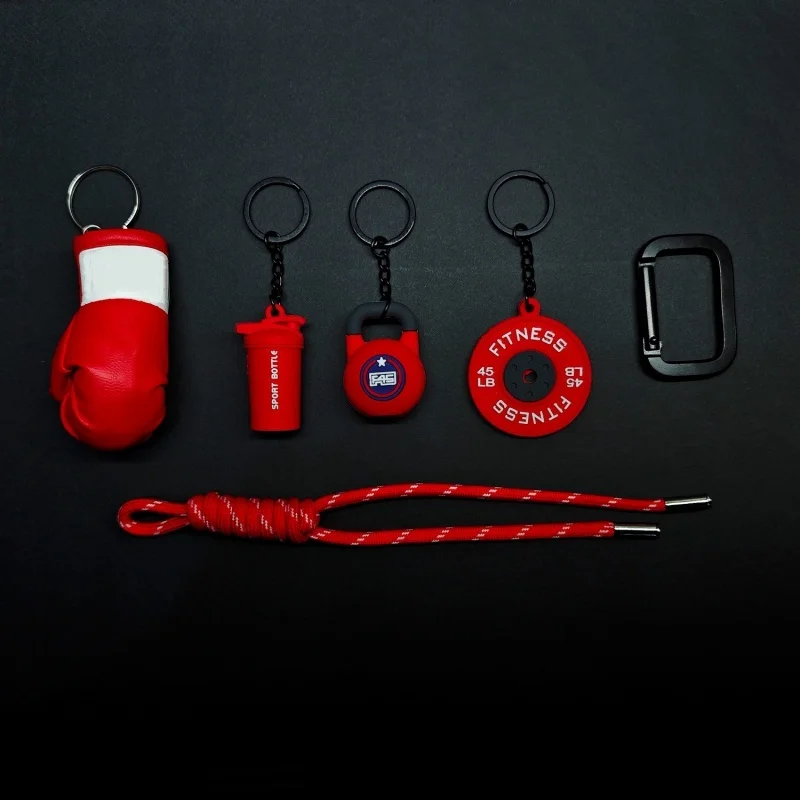 Neue Leder Boxhandschuhe Schlüsselanhänger Set Mini Fitness Kettlebell Langhantelplatten Schlüsselanhänger Luxus Taschenanhänger für Sportbegeisterte – Detail 3