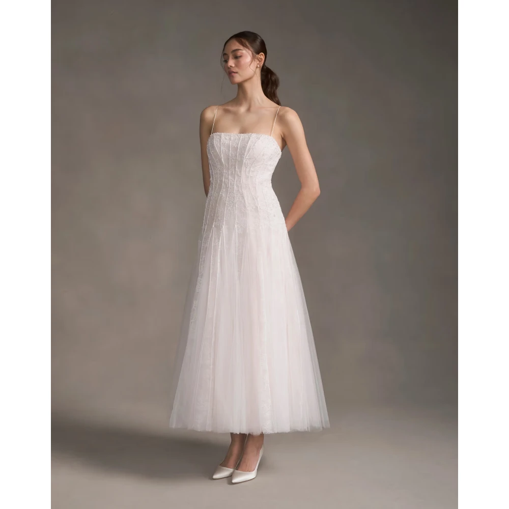 Customized Spaghetti Strap Beaded Lace Tulle Midi A-Line Gown Vertical Pleats Hidden Zipper Bridal Reception Civil Beach Garden