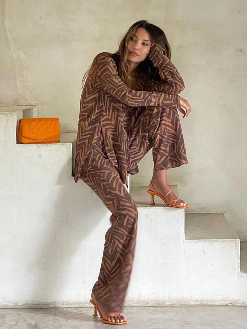 Marthaqiqi Printing Ladies Nightgowns Set Long Sleeve Nightwear Sexy Turn-Down Collar Pajamas Pants Casual Female Sleepwear Suit