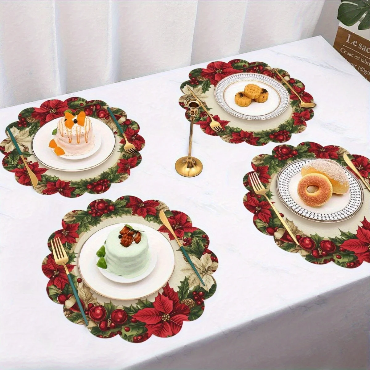 VIKAMA 4-Piece عيد الميلاد البونسيتة المفارش الأسرة جمع عطلة حزب موضوع مطعم ديكور للطاولات والاكسسوارات #2