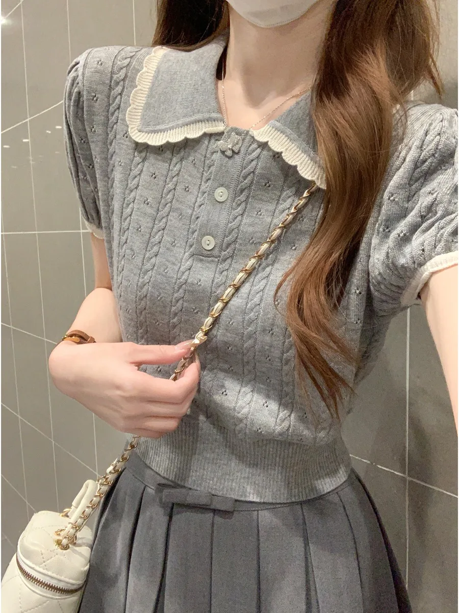 

Korean Style Sweet Color Block Baby Doll Collar Bubble Sleeve Knitted Top Short Sleeve Short Length Women's Fashion Summer 2026