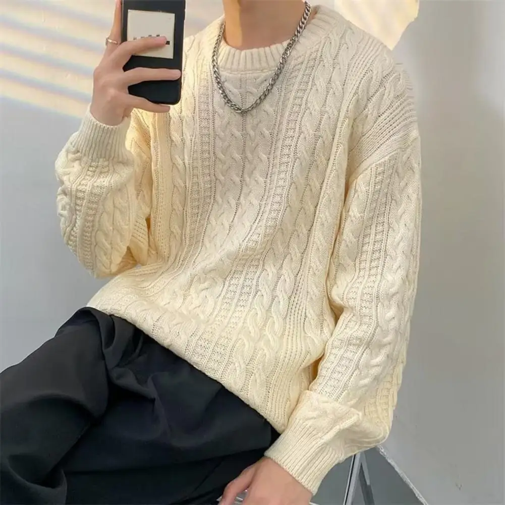 Fall Winter Sweater Men Solid Color Knitted Sweater for Men Long Sleeve Loose Anti-shrink Pullover Casual Couple Unisex Sweater