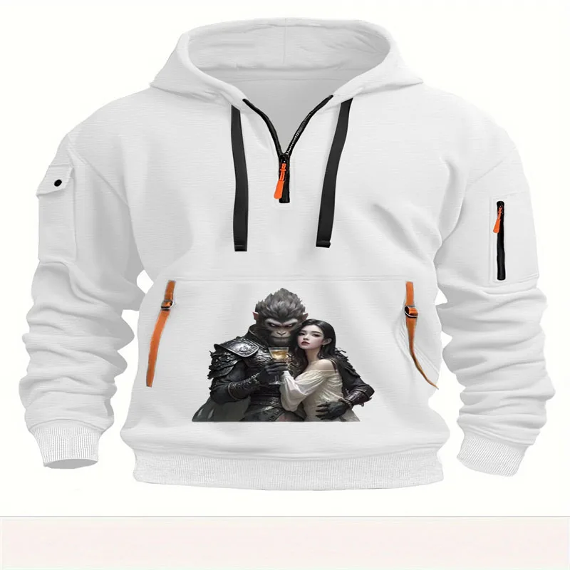 2024 new autumn and winter leisure men\'s multi-pocket European size pullover fashion dark myth printed pattern outdoor men joggi